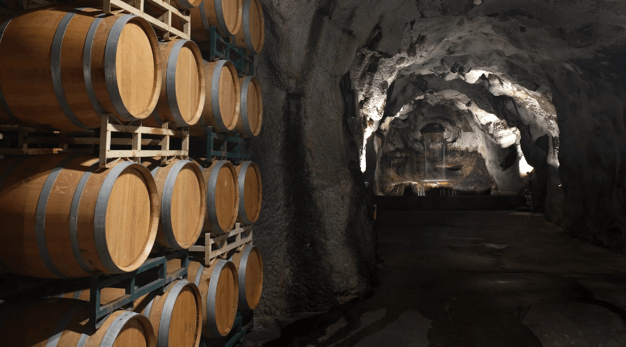 The naturally cooled caverns hold Ironstone's Reserve wines in small French and American oak barrels